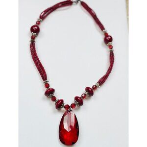Vintage Red Beaded Necklace With Large Acrylic Teardrop Pendant